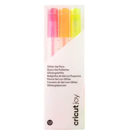 2009963 - Cricut 3 Glitter Gel Pens (0.8 mm) in Neon Pink, Neon Orange, Neon Yellow; Embellish projects with personal notes or drawings; For use with cards, paper projects & more; For Cricut Joy™ cutting machines; Water-based, acid-free, nontoxic; conforms to ASTM D-4236